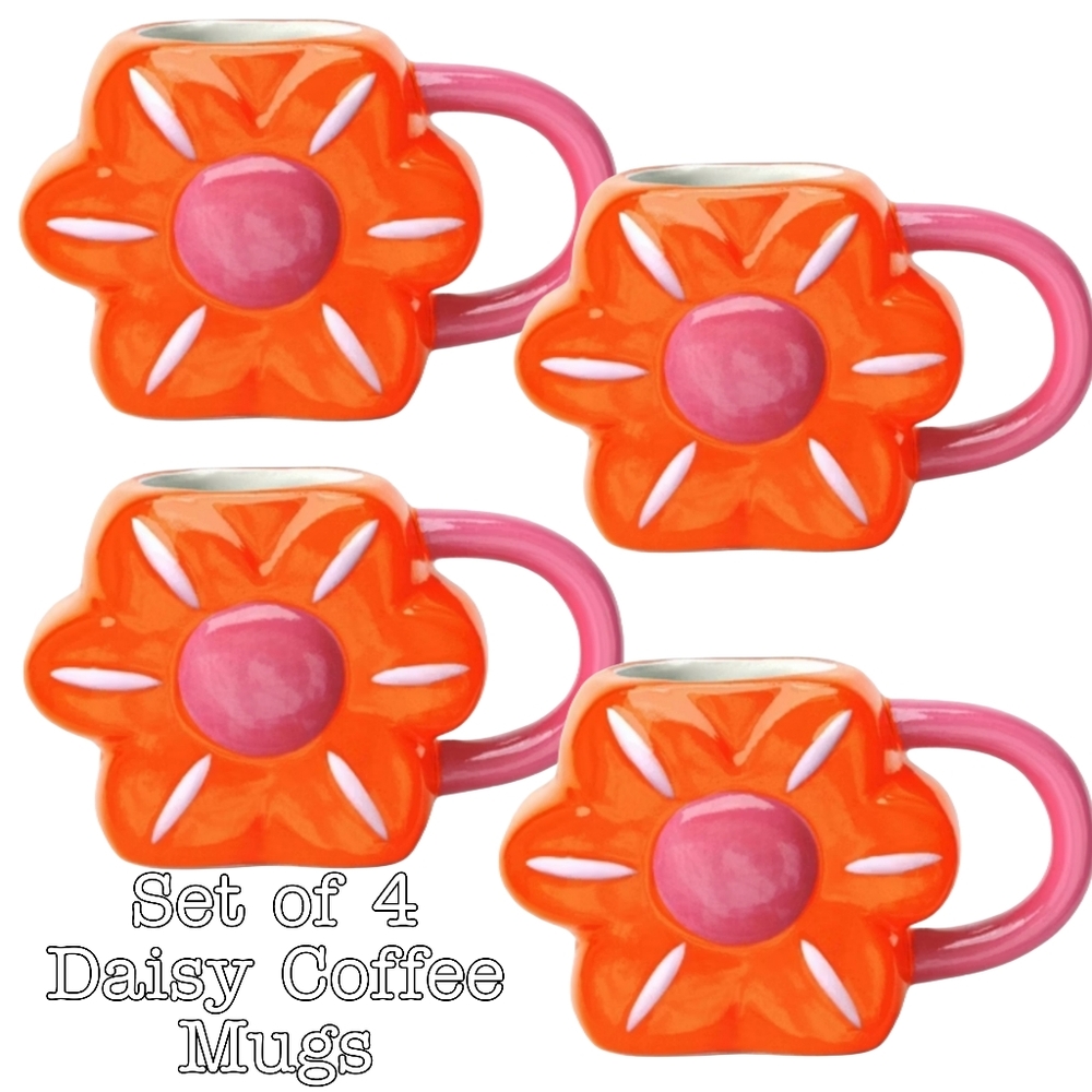 Set of 4 NWT earthenware novelty daisy coffee Mugs orange pink ceramic cute